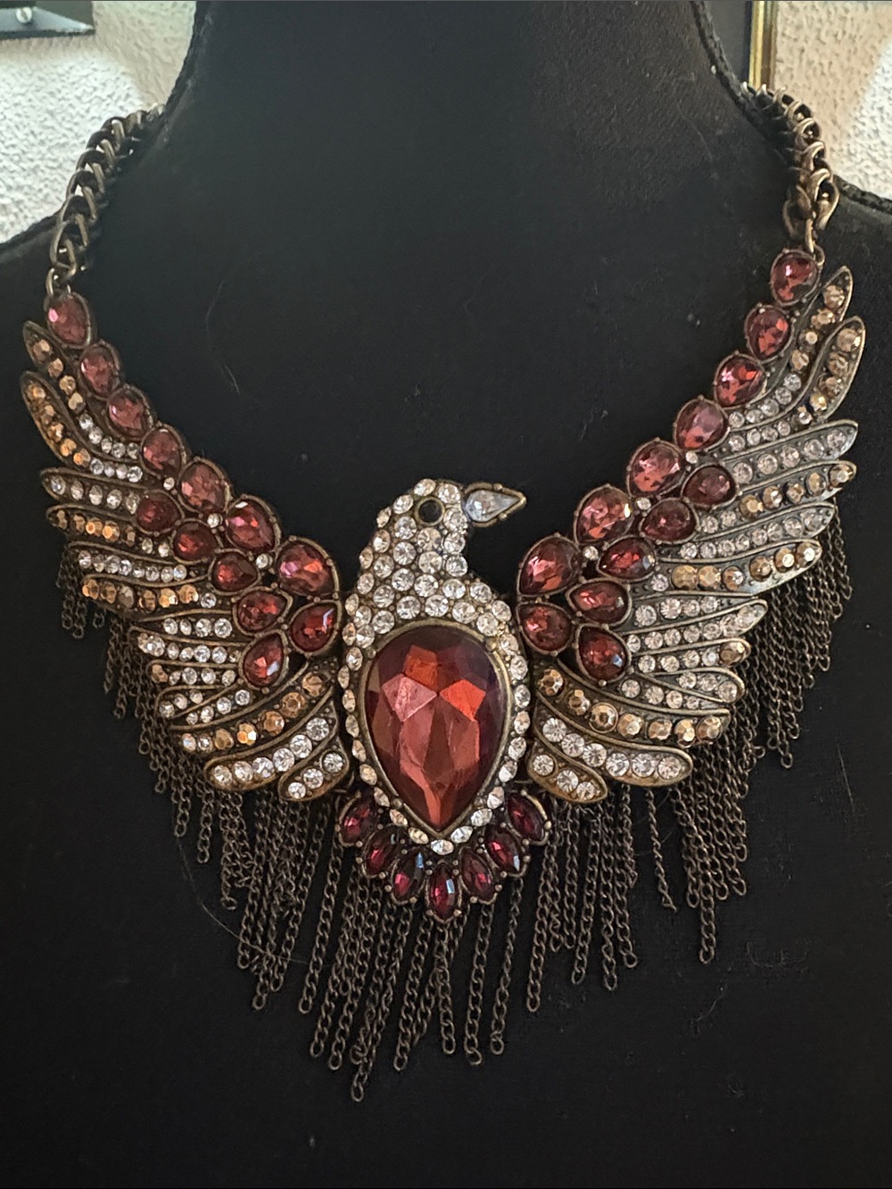 Statement Phoenix Wing Necklace with Red Crystals